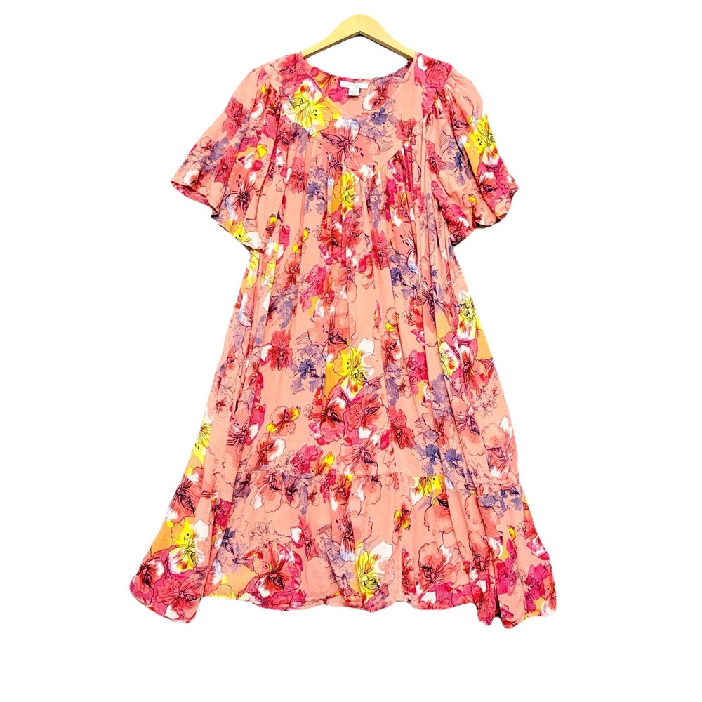 Go Softly Patio Dress Womens‎ XL Floral Peach Crinkle Muu Muu Flowy Housedress